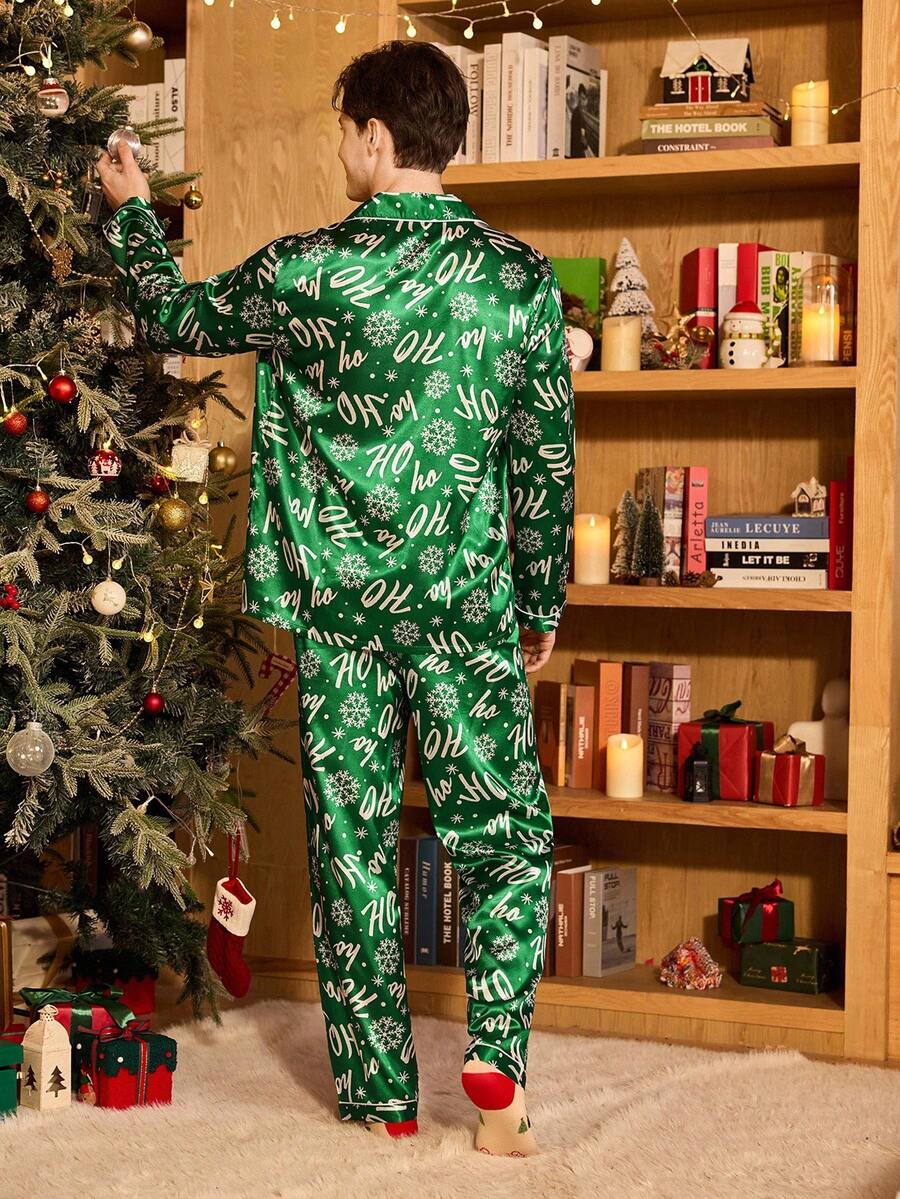 Couple Matching Green Satin "Ho Ho Ho" Christmas Pajama Set