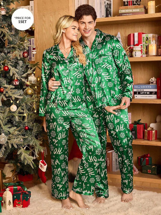 Couple Matching Green Satin "Ho Ho Ho" Christmas Pajama Set