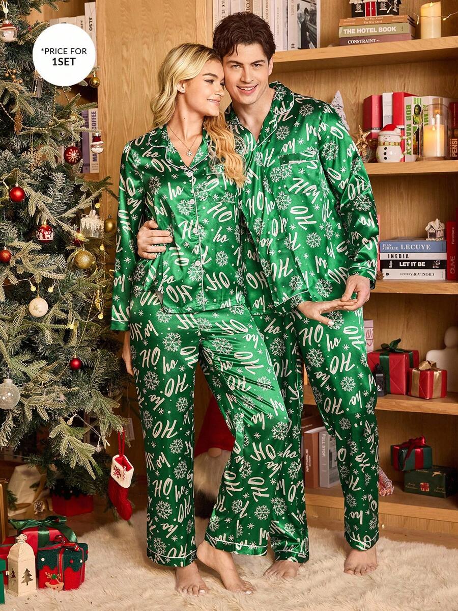 Couple Matching Green Satin "Ho Ho Ho" Christmas Pajama Set