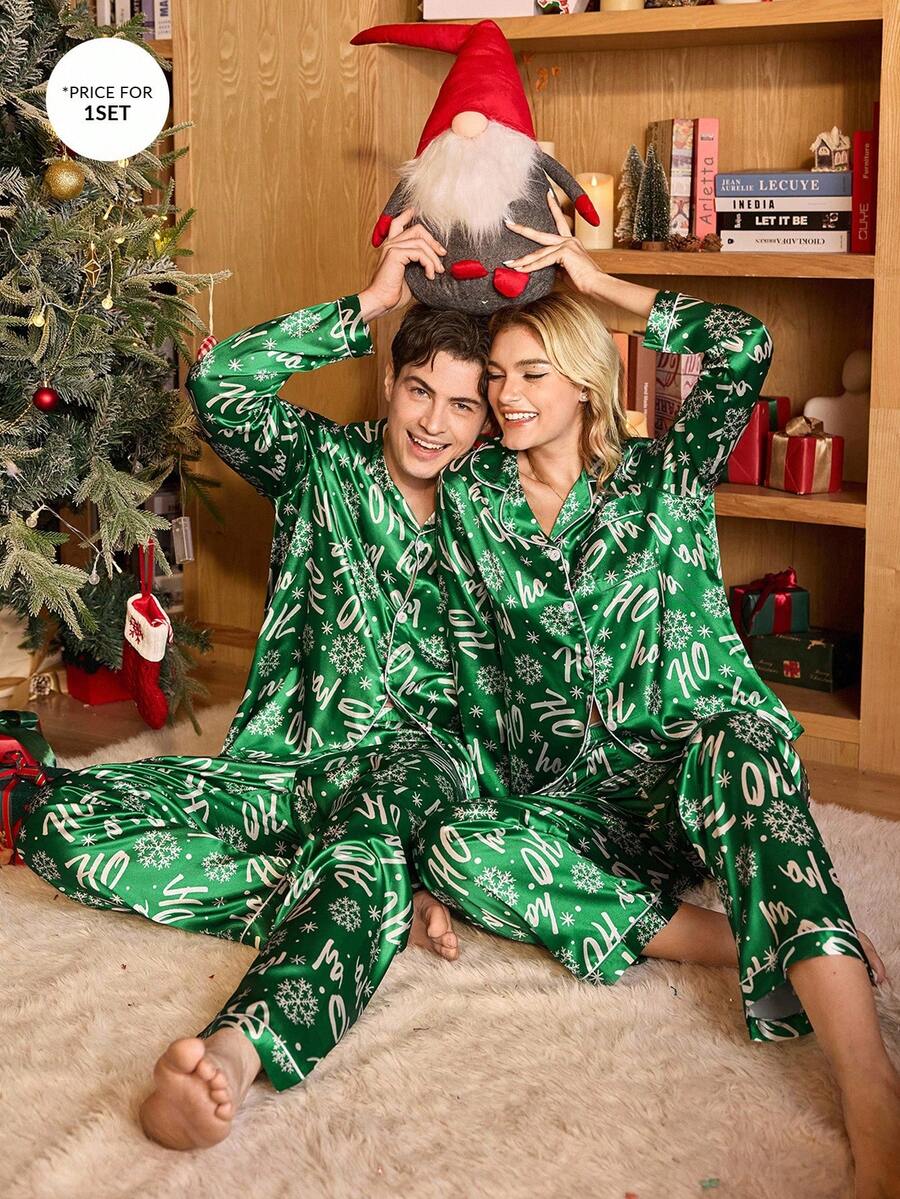 Couple Matching Green Satin "Ho Ho Ho" Christmas Pajama Set