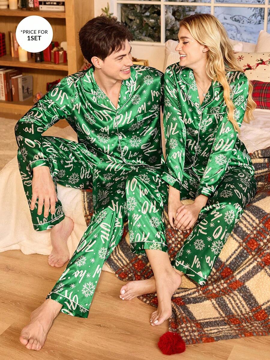 Couple Matching Green Satin "Ho Ho Ho" Christmas Pajama Set