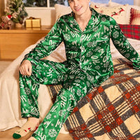 Couple Matching Green Satin "Ho Ho Ho" Christmas Pajama Set