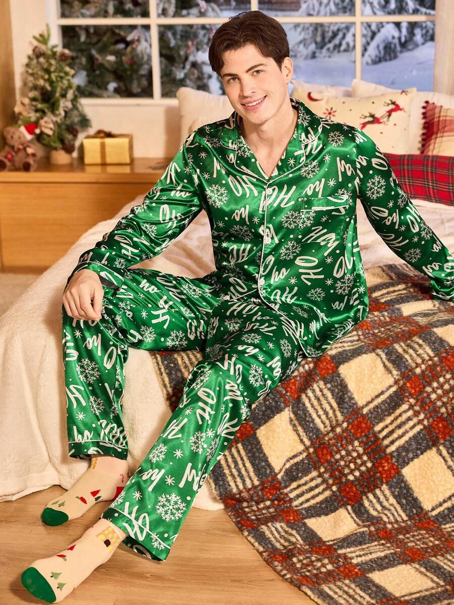 Couple Matching Green Satin "Ho Ho Ho" Christmas Pajama Set