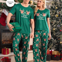 Short Sleeve Matching Christmas PJs with Reindeer Print (Green)