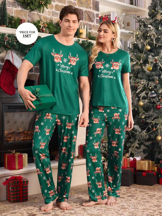 Short Sleeve Matching Christmas PJs with Reindeer Print (Green)