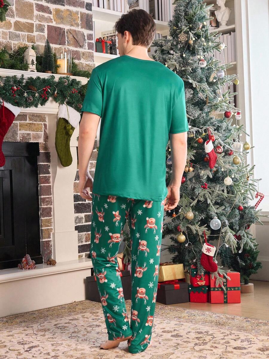Short Sleeve Matching Christmas PJs with Reindeer Print (Green)