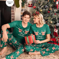 Short Sleeve Matching Christmas PJs with Reindeer Print (Green)