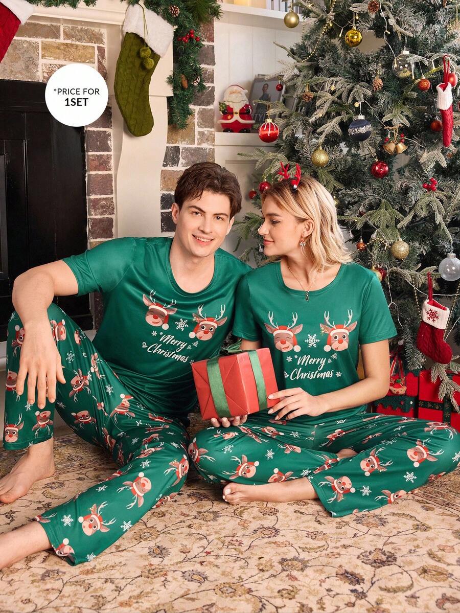 Short Sleeve Matching Christmas PJs with Reindeer Print (Green)