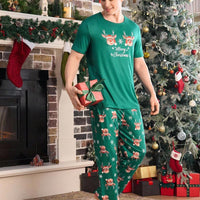 Short Sleeve Matching Christmas PJs with Reindeer Print (Green)