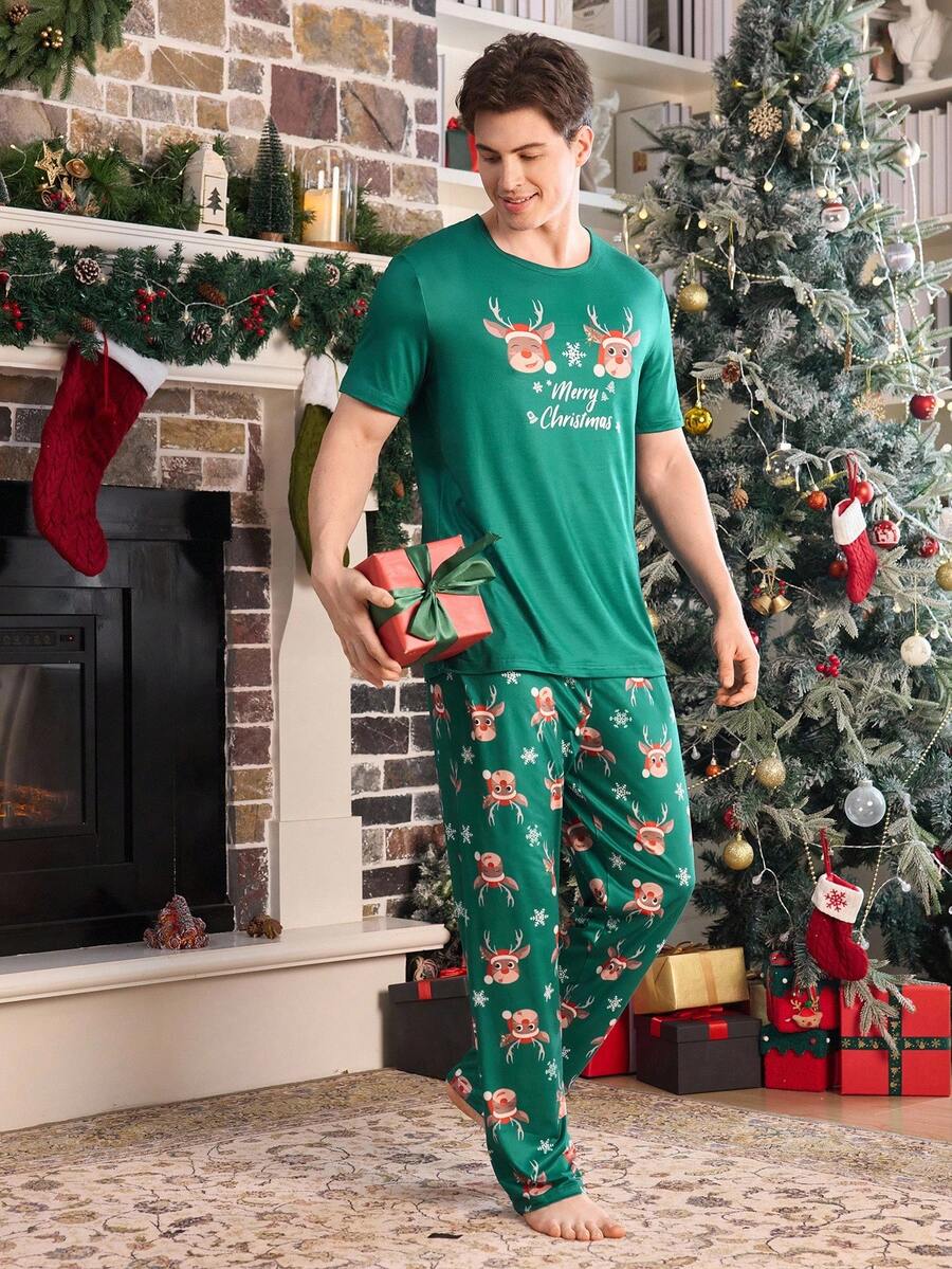Short Sleeve Matching Christmas PJs with Reindeer Print (Green)