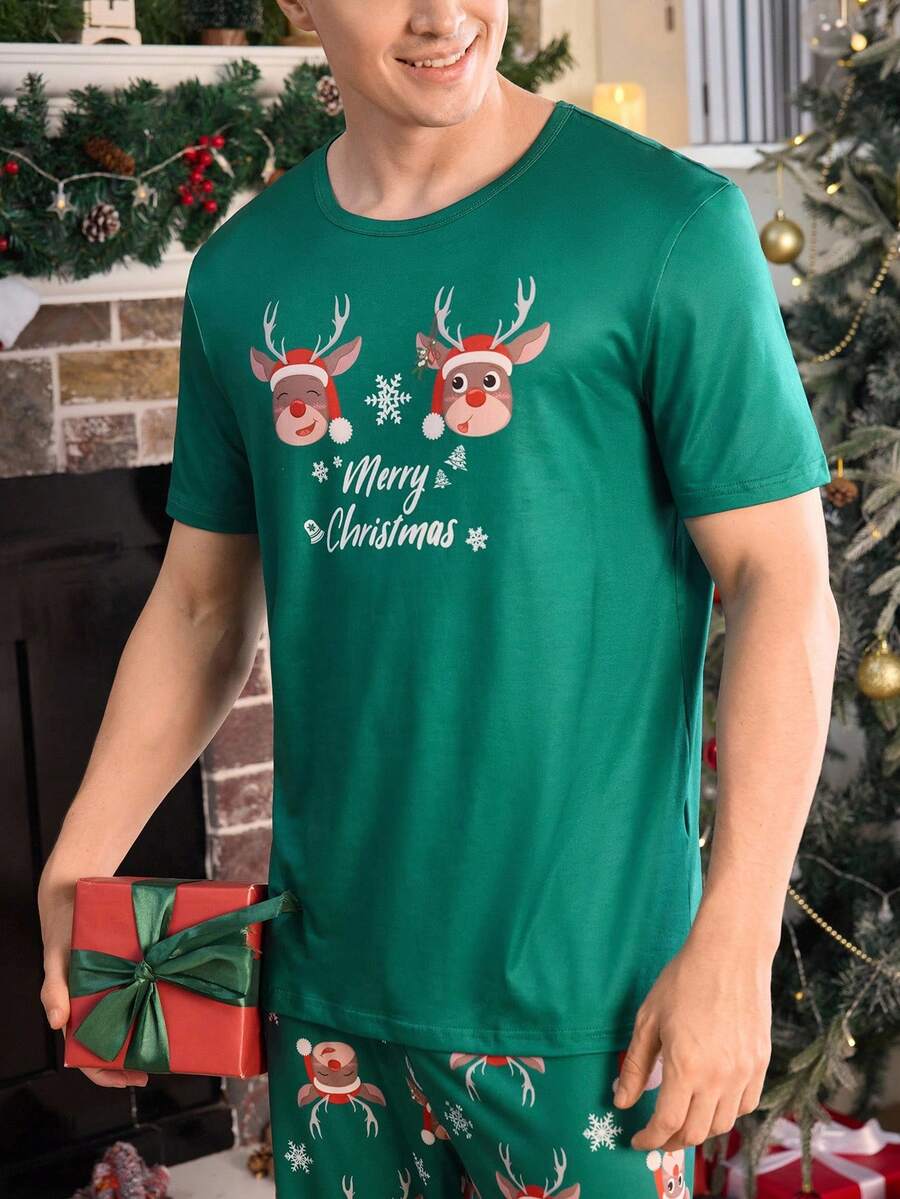 Short Sleeve Matching Christmas PJs with Reindeer Print (Green)