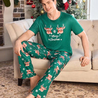 Short Sleeve Matching Christmas PJs with Reindeer Print (Green)