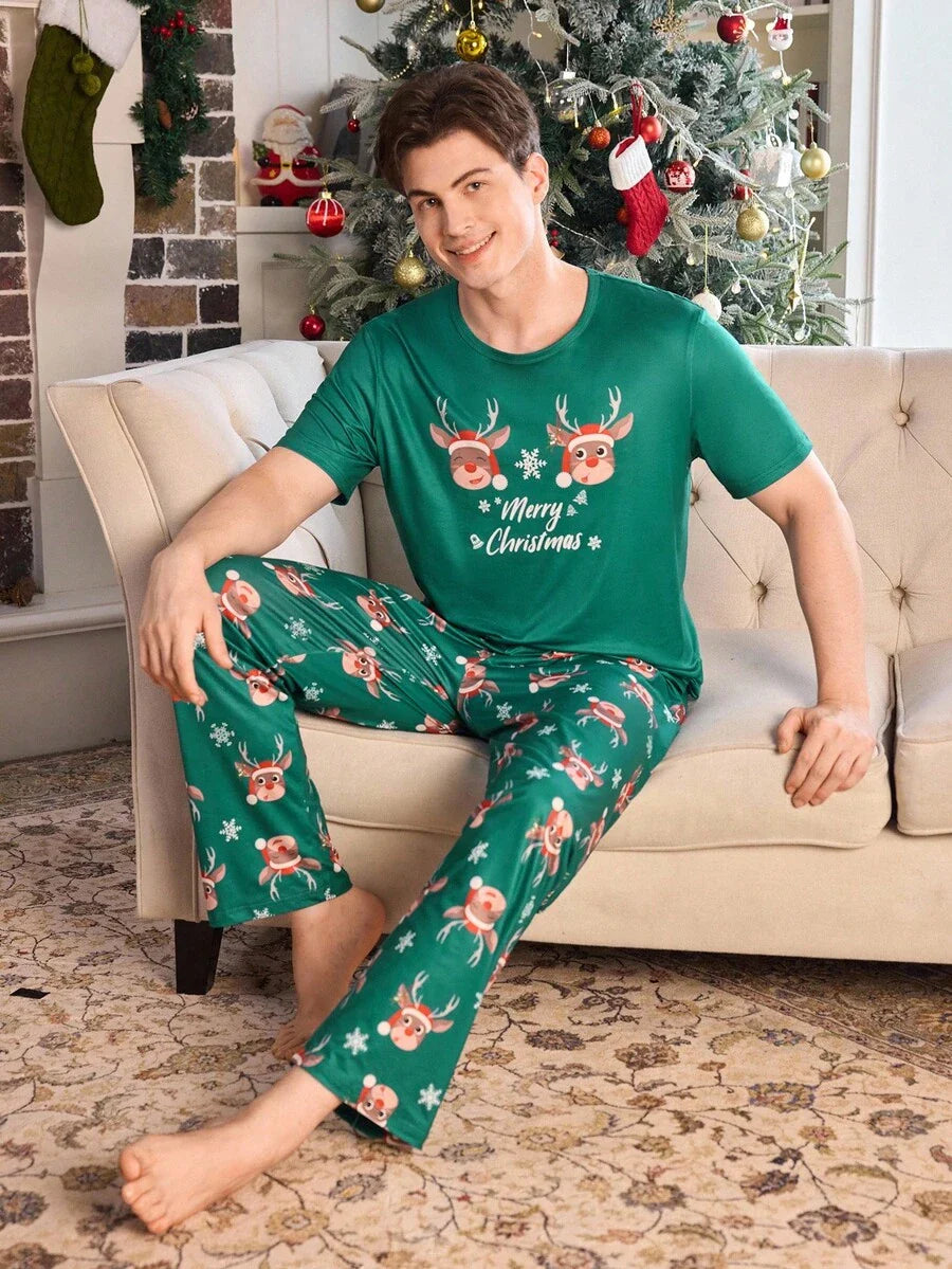 Short Sleeve Matching Christmas PJs with Reindeer Print (Green)