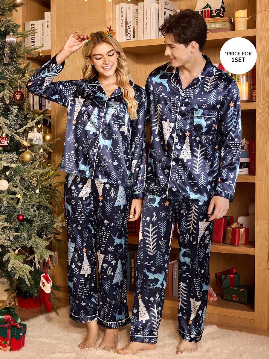 Couple Matching Navy Satin Christmas Tree & Deer Pajama Set