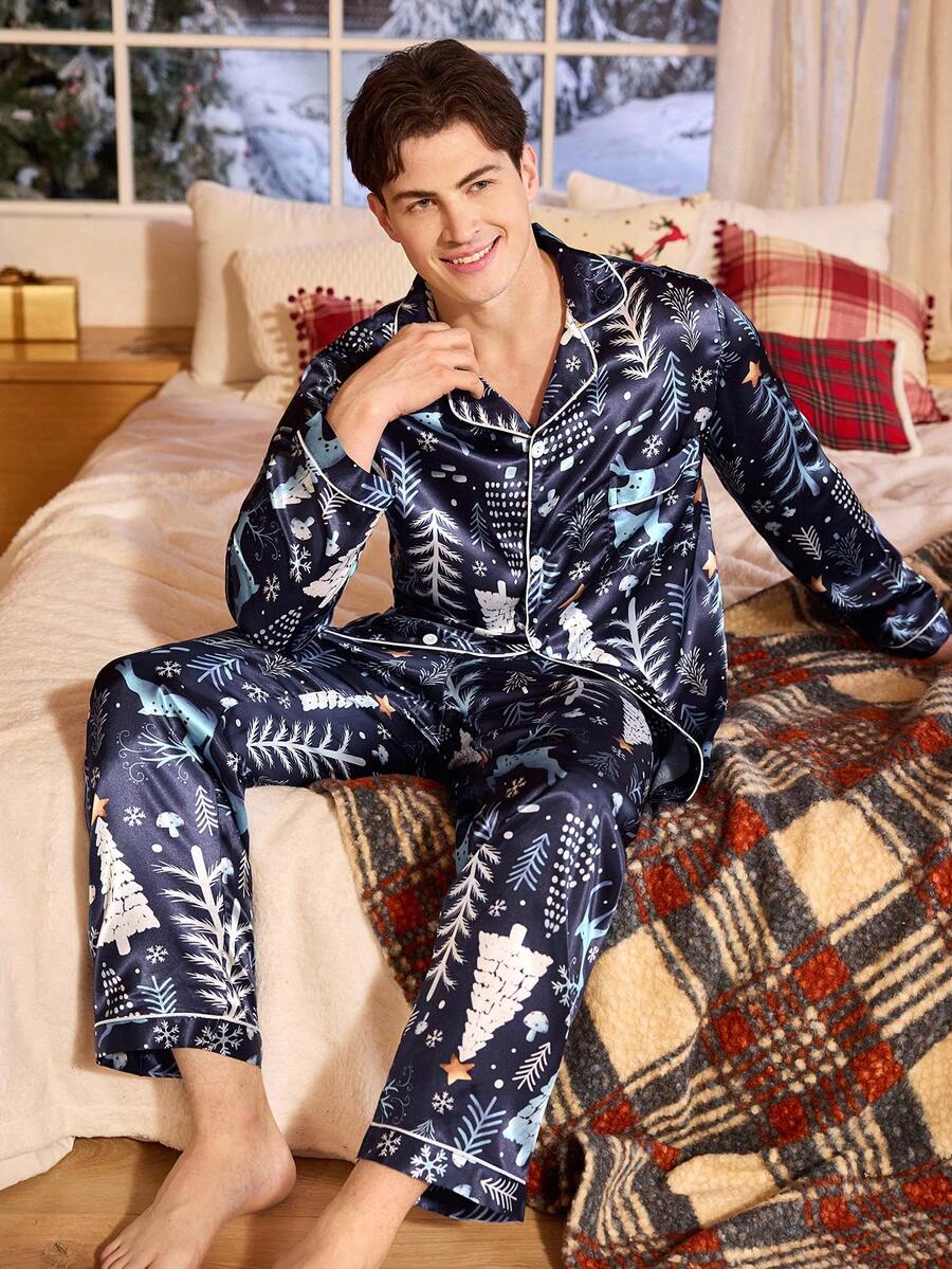 Couple Matching Navy Satin Christmas Tree & Deer Pajama Set