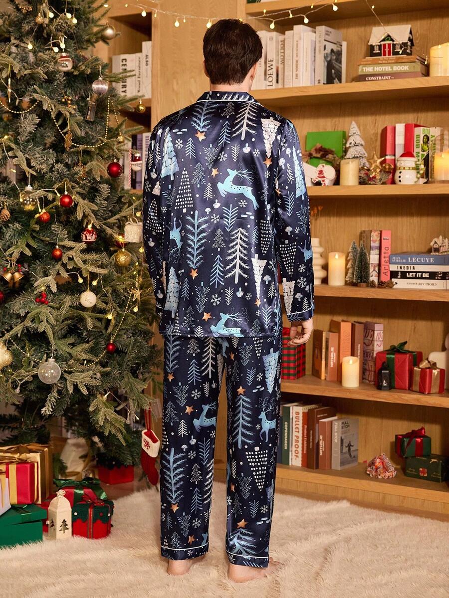 Couple Matching Navy Satin Christmas Tree & Deer Pajama Set