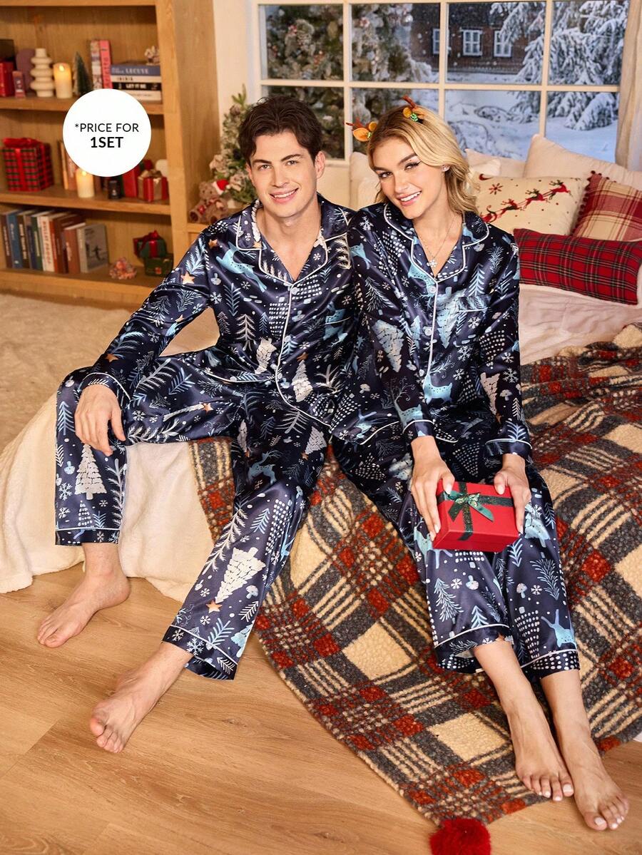 Couple Matching Navy Satin Christmas Tree & Deer Pajama Set