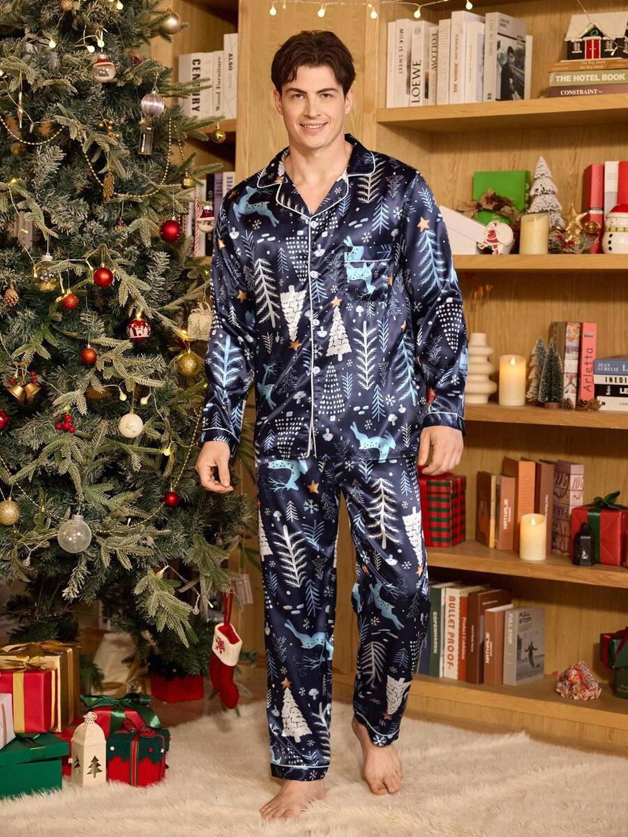 Couple Matching Navy Satin Christmas Tree & Deer Pajama Set