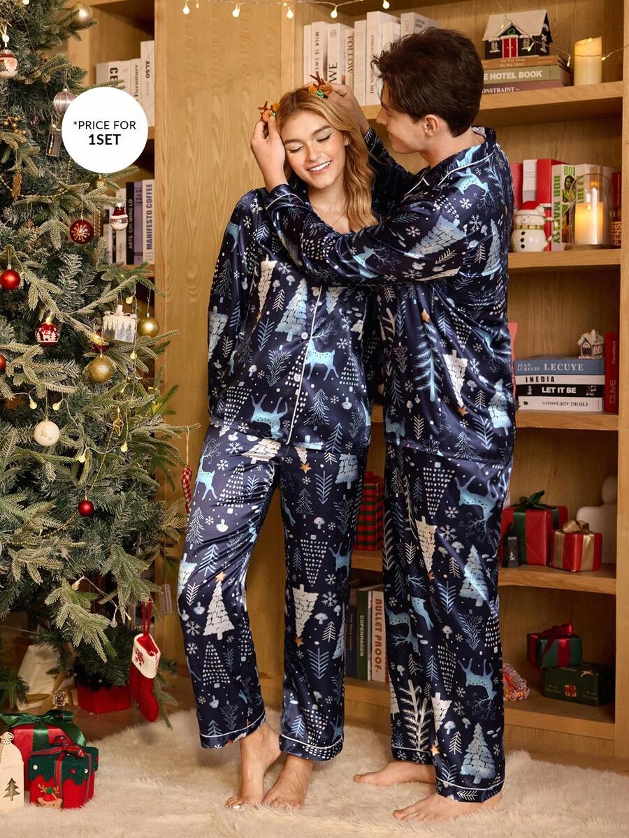 Couple Matching Navy Satin Christmas Tree & Deer Pajama Set