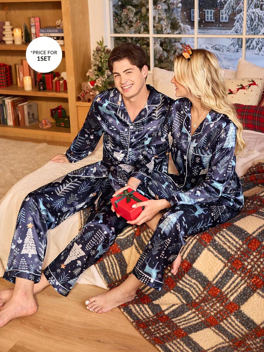 Couple Matching Navy Satin Christmas Tree & Deer Pajama Set