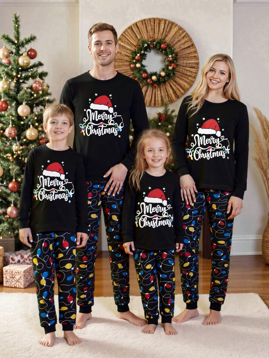 "Merry Christmas" Black & Yellow Print Family Matching Pajama Set