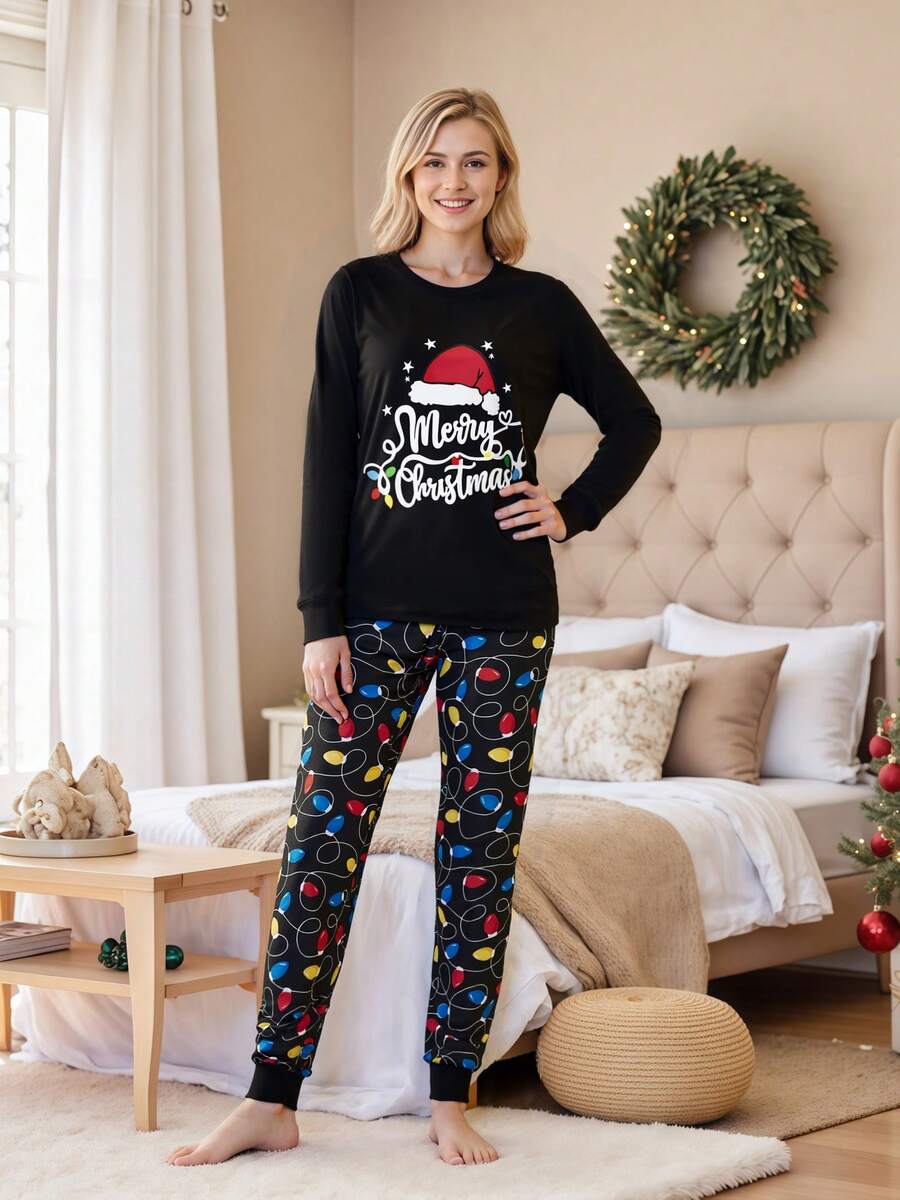"Merry Christmas" Black & Yellow Print Family Matching Pajama Set