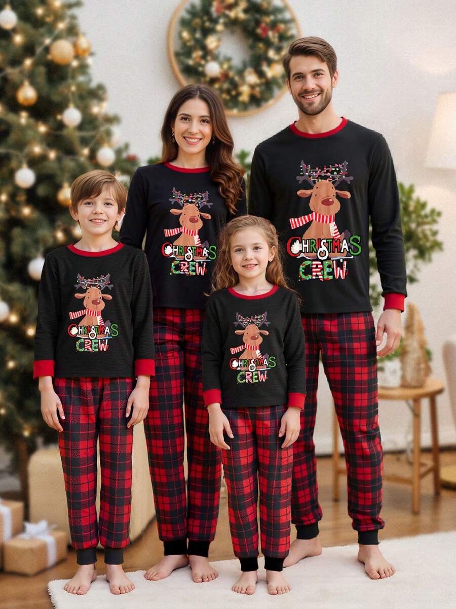 Elk Print & Red Plaid Family Matching Long Sleeve Pajama Set