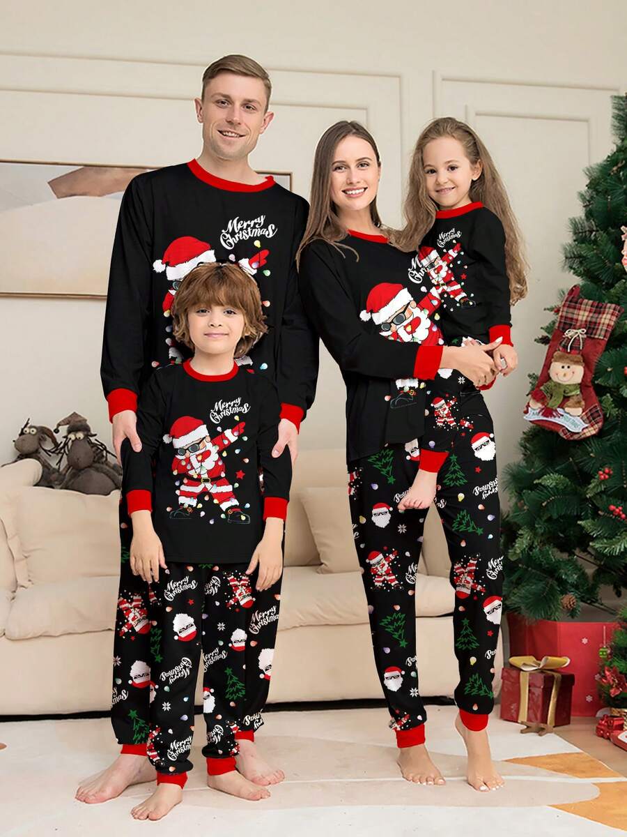 Santa & Snowman Black Print Family Matching Pajama Set