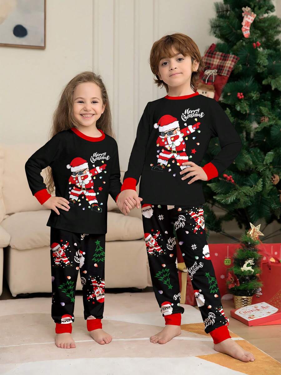 Santa & Snowman Black Print Family Matching Pajama Set