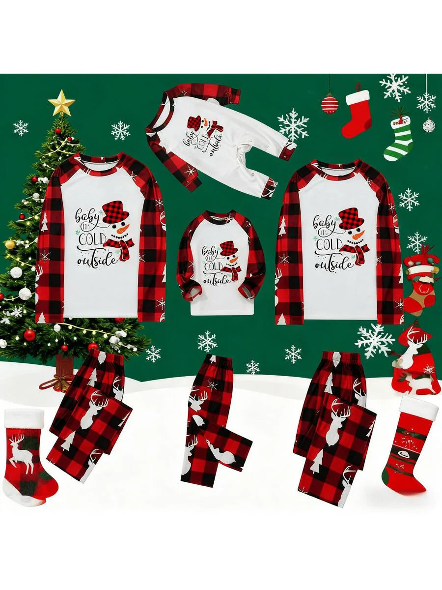 Santa & Snowman Black Print Family Matching Pajama Set