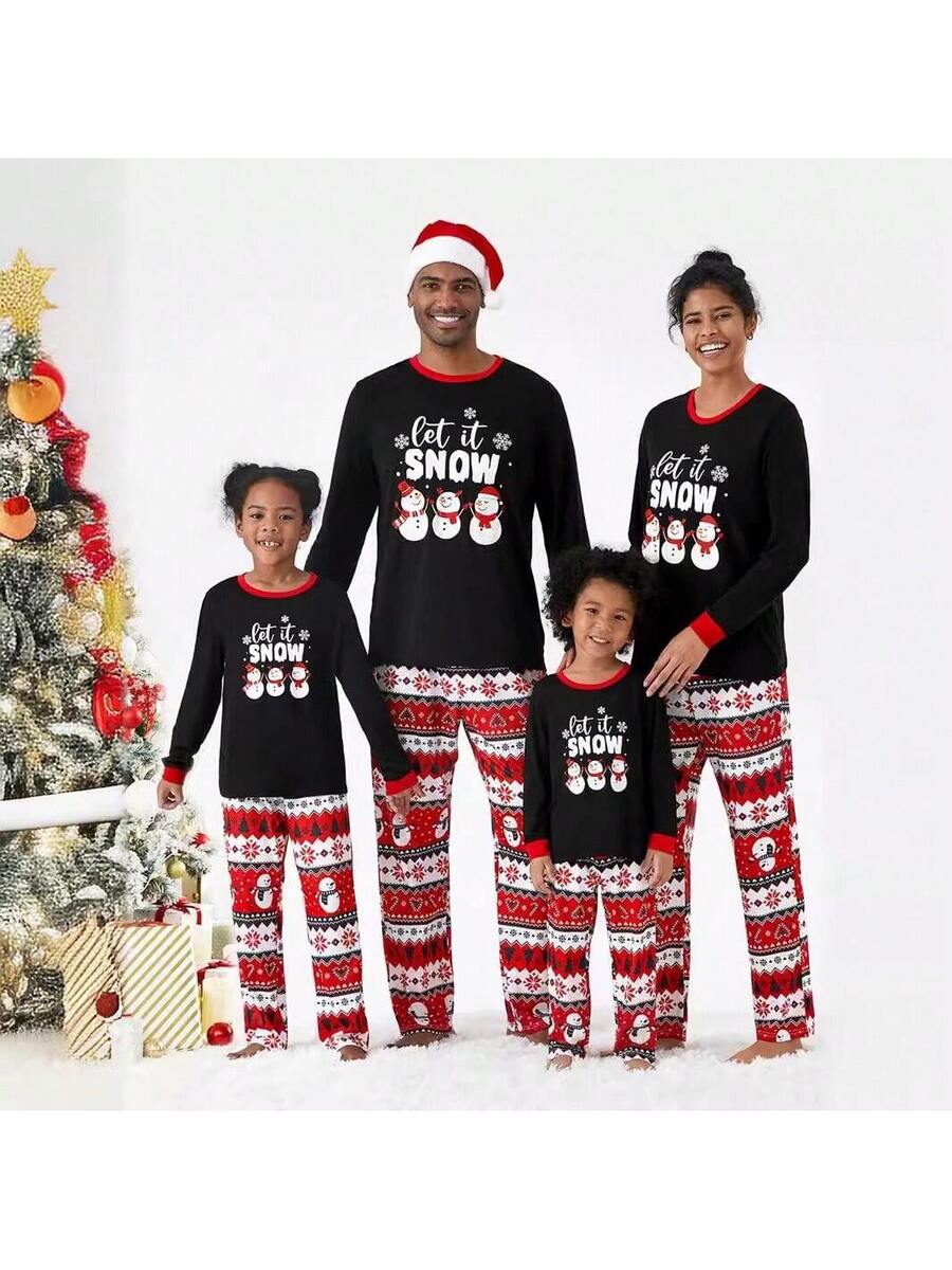 Santa & Snowman Black Print Family Matching Pajama Set