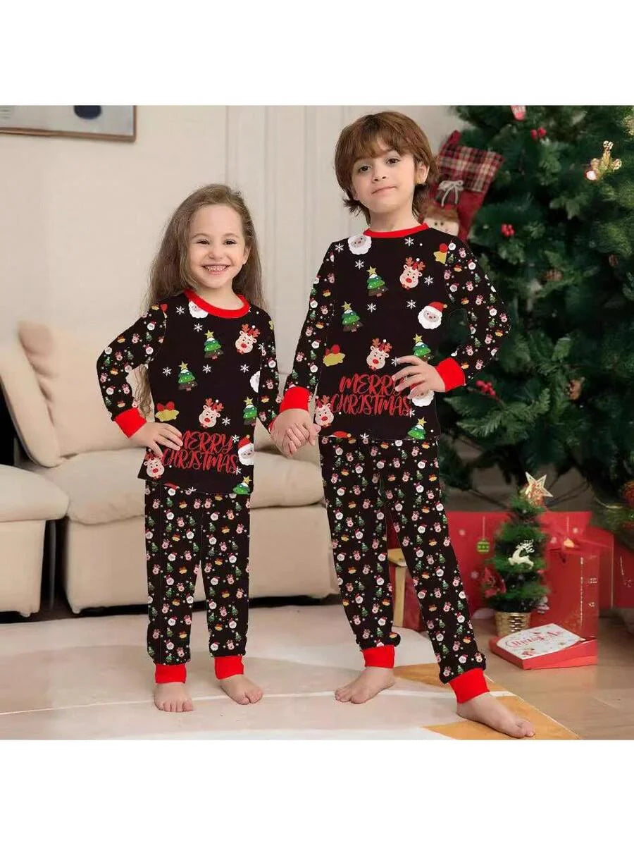 Santa & Snowman Black Print Family Matching Pajama Set