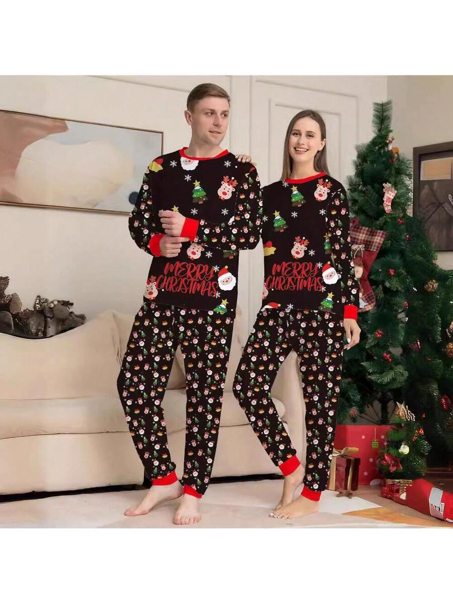 Santa & Snowman Black Print Family Matching Pajama Set