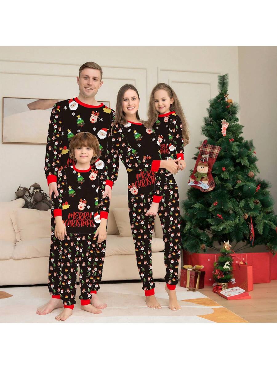 Santa & Snowman Black Print Family Matching Pajama Set