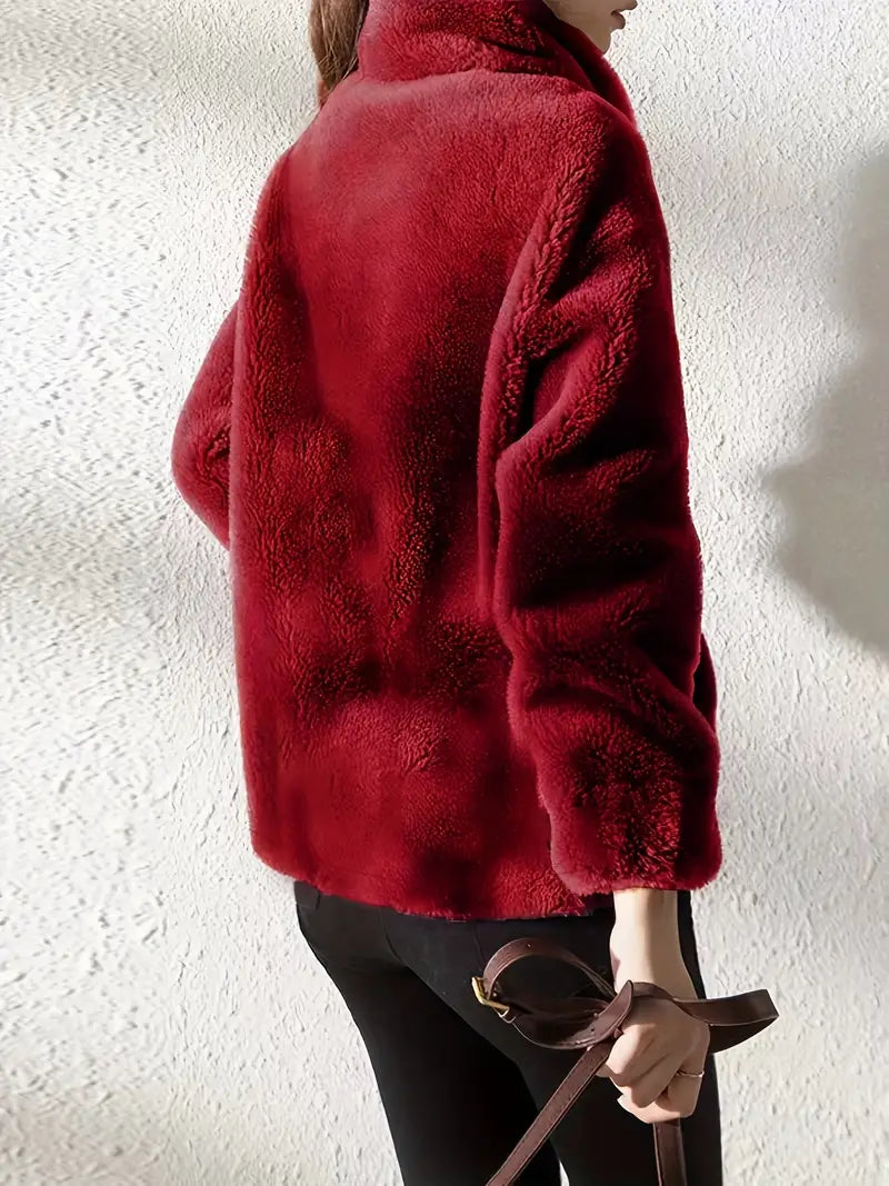 Solid Color Plush Zip-Up Knit Warm Casual Coat