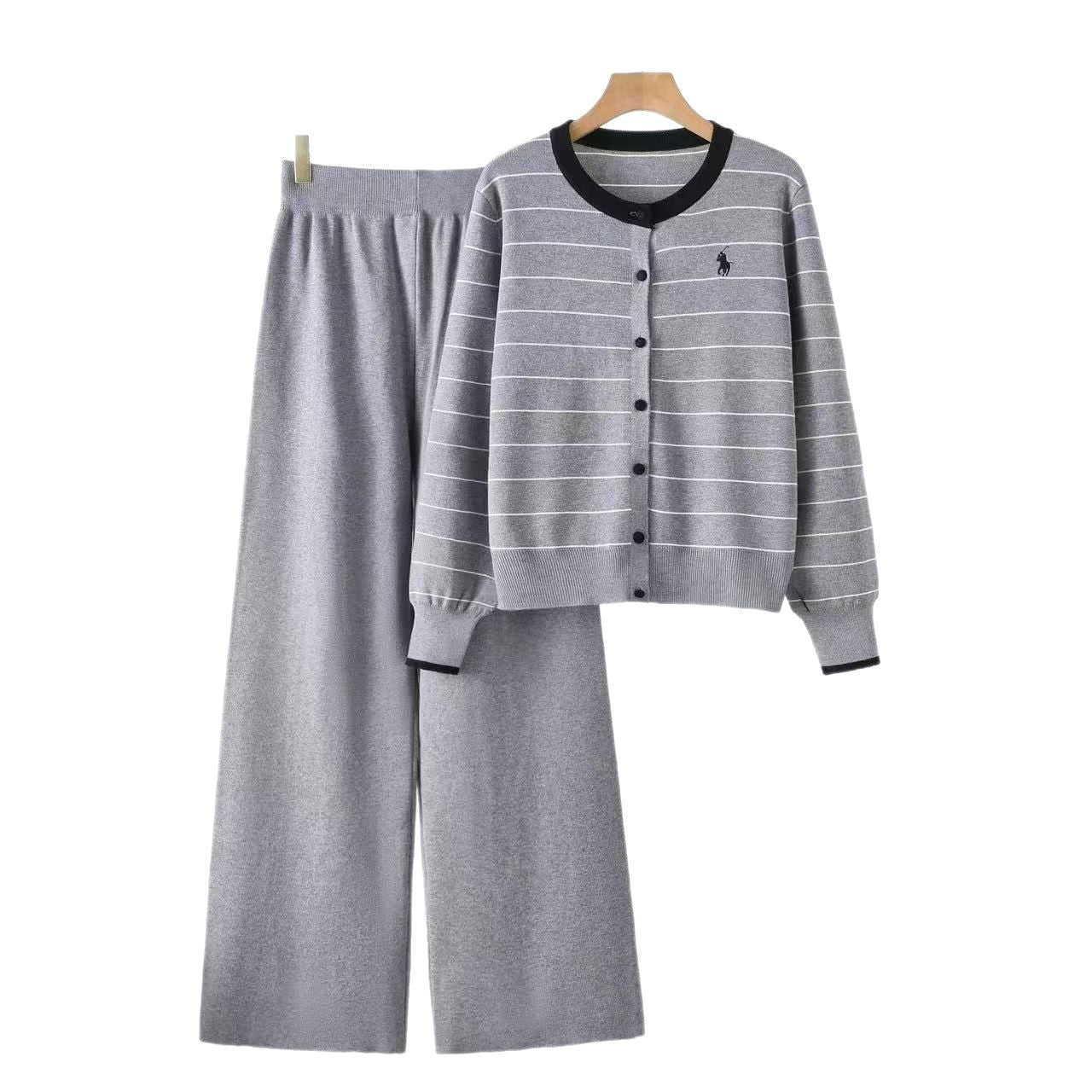 Striped Knit Top & High-Waist Pants Set