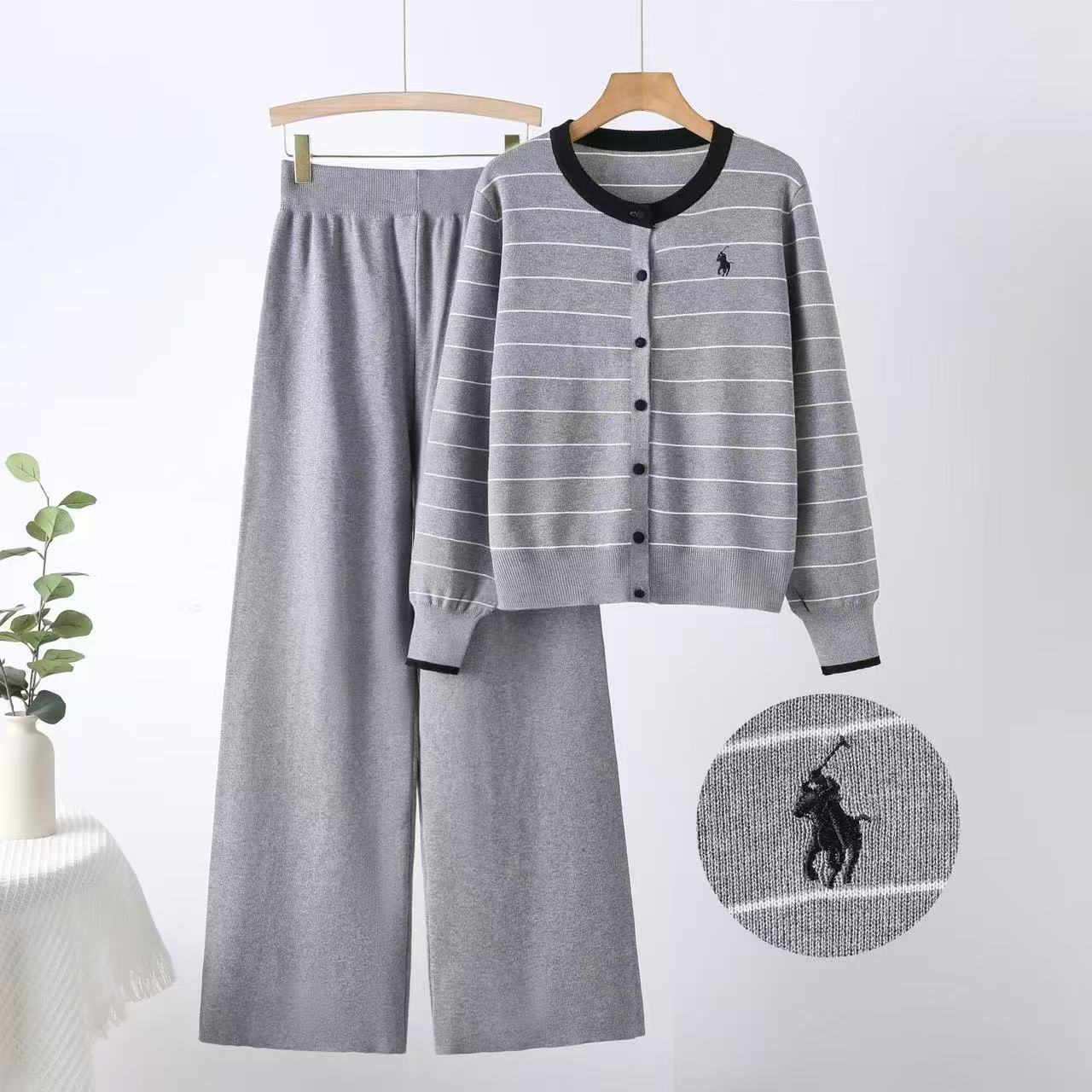 Striped Knit Top & High-Waist Pants Set