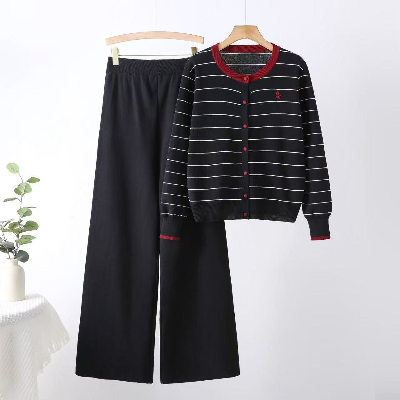 Striped Knit Top & High-Waist Pants Set