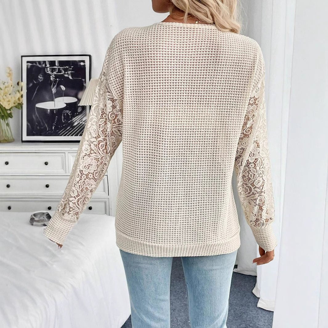 Solid V-Neck Lace Splicing T-Shirt