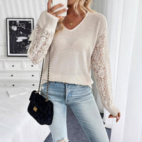 Solid V-Neck Lace Splicing T-Shirt