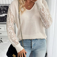 Solid V-Neck Lace Splicing T-Shirt