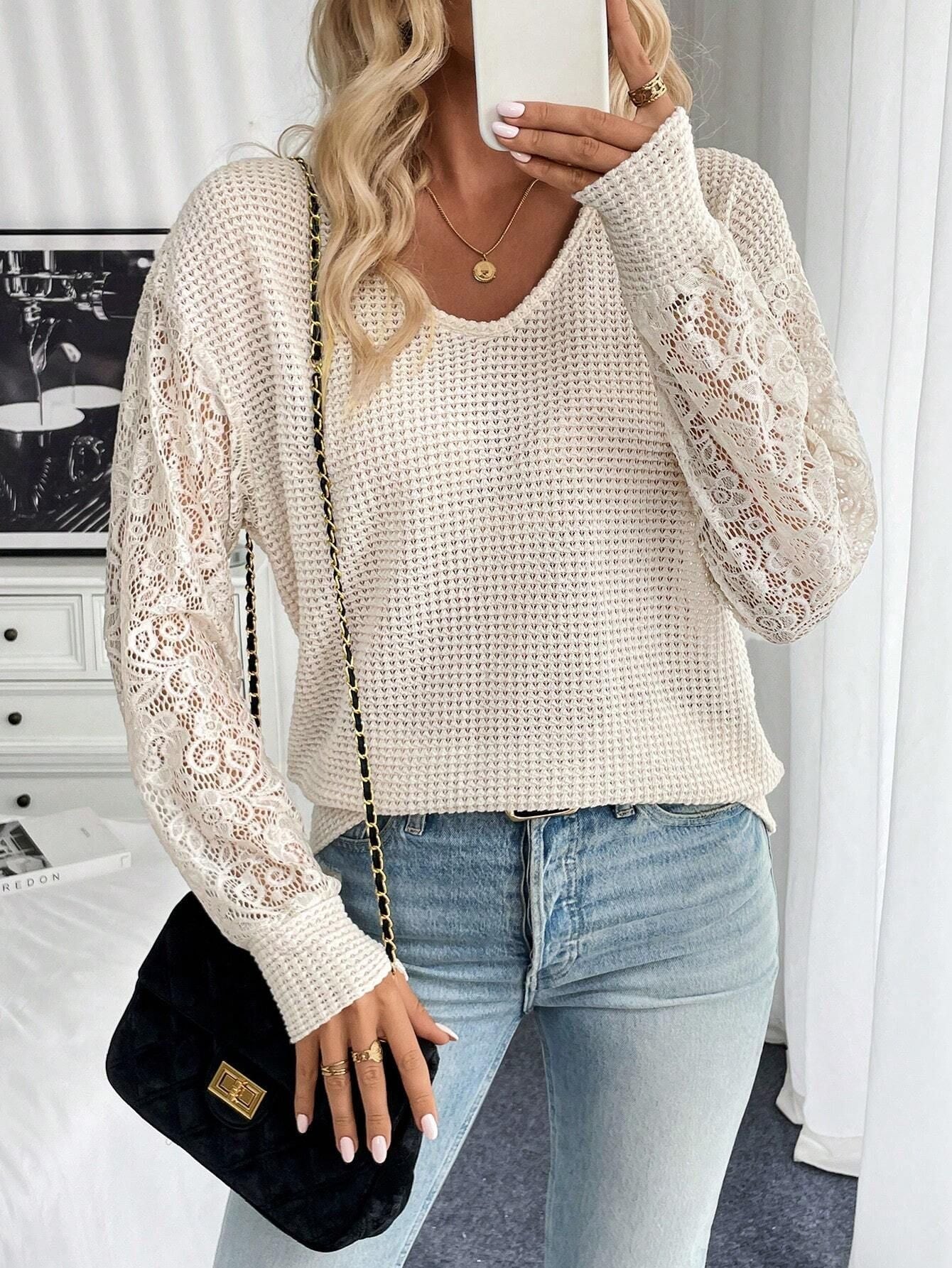 Solid V-Neck Lace Splicing T-Shirt