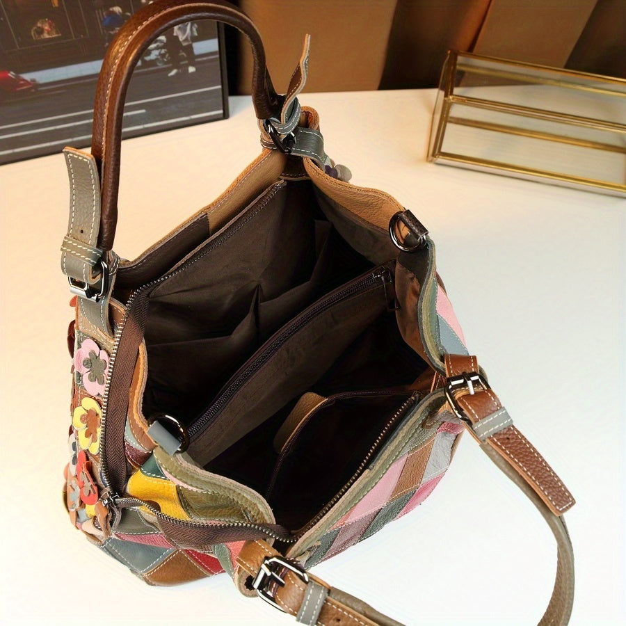 Multicolor Floral Leather Tote Bag with Detachable Strap