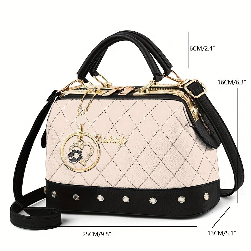 Black Quilted Boston Bag with Heart Charm