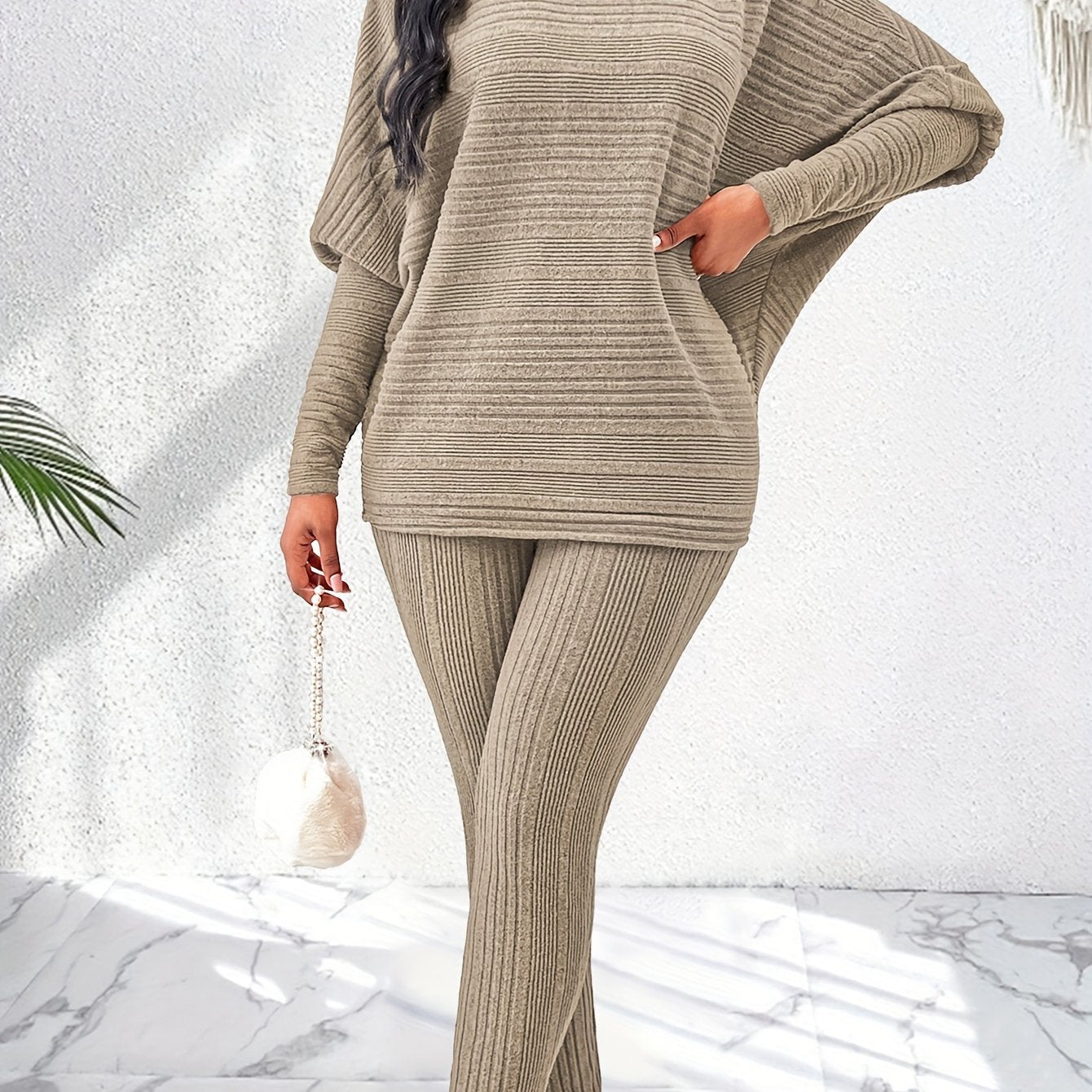 Elegant Solid Stand Collar Long Sleeve Knit Pants Set - Fall/Winter