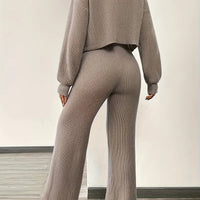 Knit V-Neck Cardigan & Wide Leg Pants Set - Casual Tracksuit