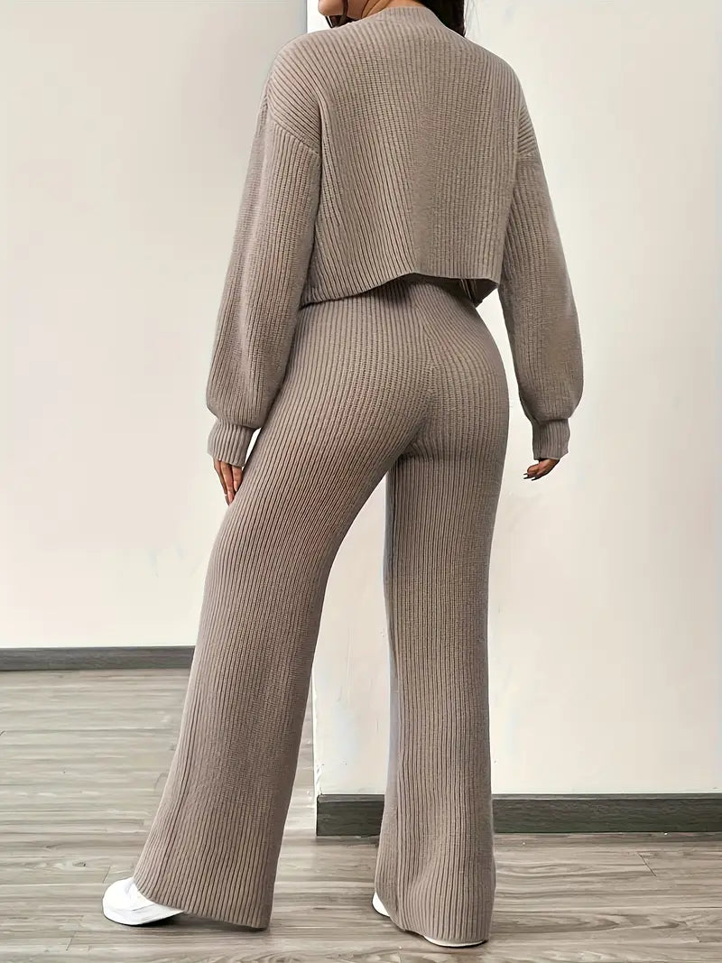 Knit V-Neck Cardigan & Wide Leg Pants Set - Casual Tracksuit