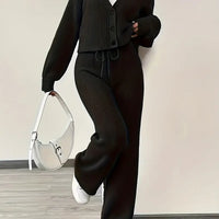 Knit V-Neck Cardigan & Wide Leg Pants Set - Casual Tracksuit