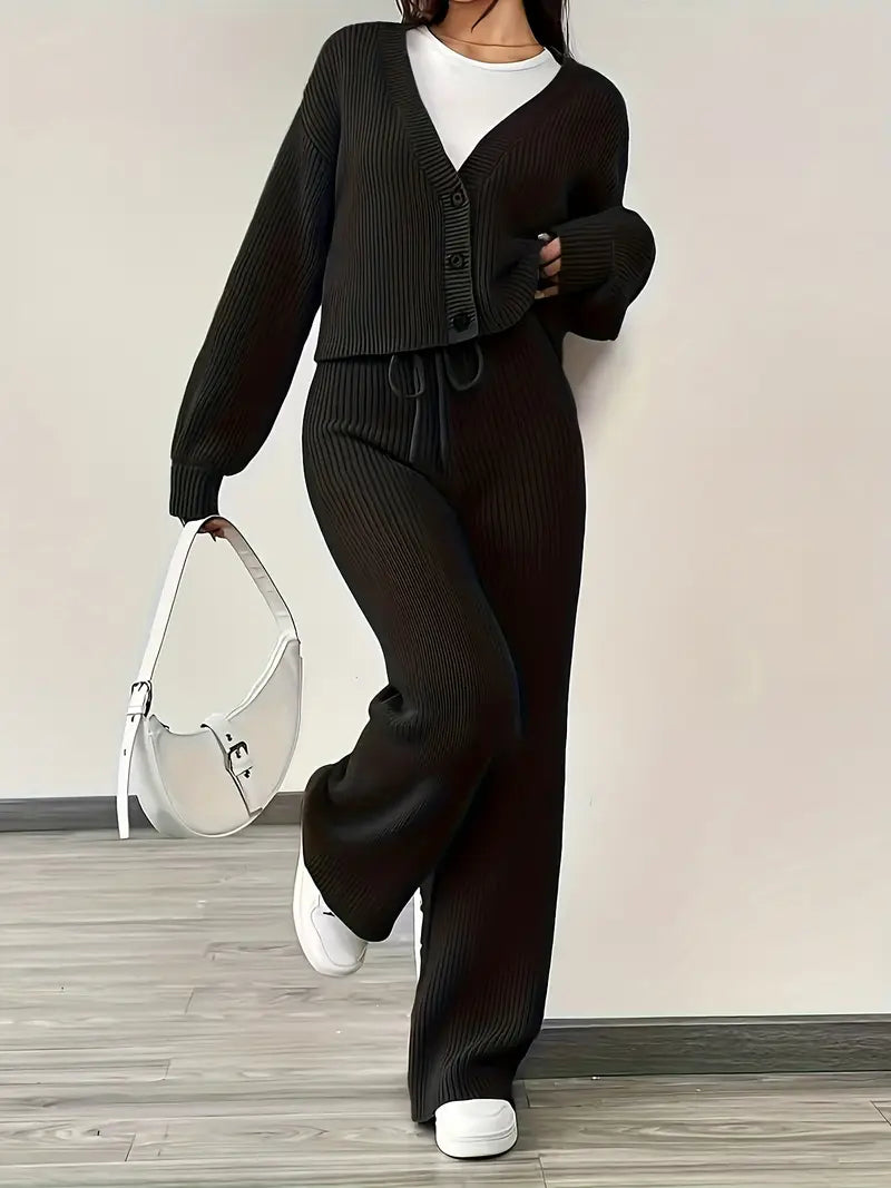 Knit V-Neck Cardigan & Wide Leg Pants Set - Casual Tracksuit