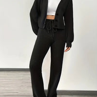 Knit V-Neck Cardigan & Wide Leg Pants Set - Casual Tracksuit
